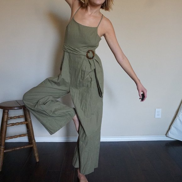 FAVLUX Pants - Tortoiseshell Belted Army Green Wide Leg Jumpsuit